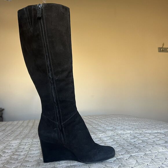 Cole Haan Cora Black Suede Wedge Heel Tall Boots Side Zip D38352 Women’s 8.5 M - Picture 3 of 16